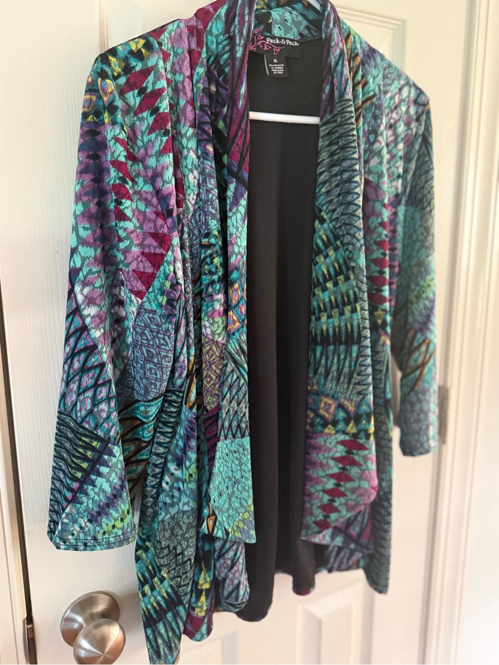 Peck & Peck XL Colorful Abstract Open Front Drape Cardigan Jacket Made in USA